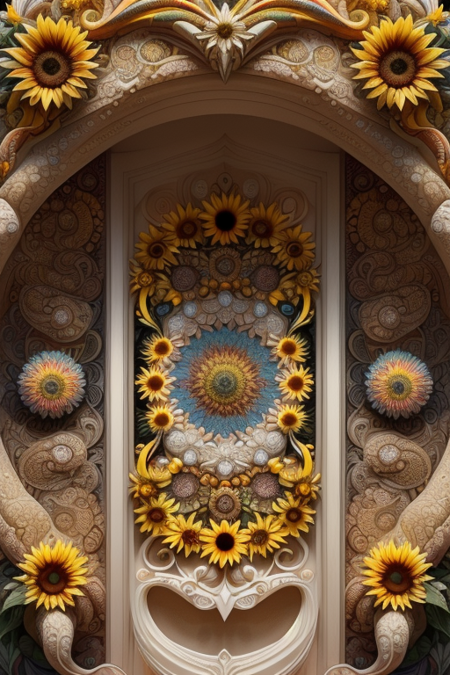 made of ral-kldscop, low angle shot of a Formal White and Sunflower Yellow American Portal, <lora:ral-kldscop-000009:1>, colorful, located artistic, luxurious, intricate, intricate artistic color, romantic, badge, dynamic background