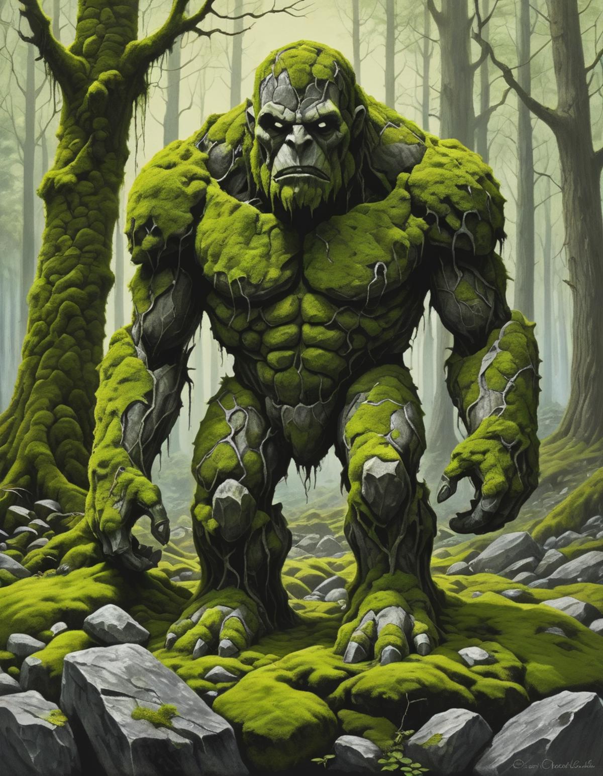 A green and rocky monster standing in a forest.