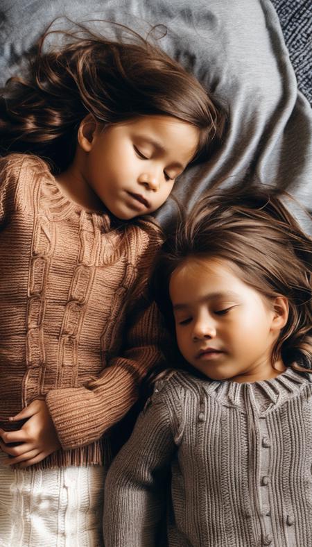 (best_quality),(ultra_detailed),two girls wearing brown and gray knitted sweaters lying on gray textile, two children sleeping on a bed with a blanket on top of them and one child with a sweater on, <lora:portrait:1>