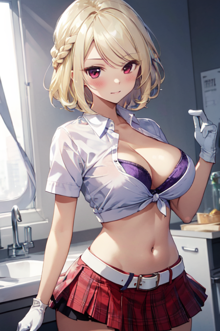 BaratoReiko, 1girl, solo, short hair, plaid skirt, blonde hair, large breasts, white shirt, red eyes, gloves, navel, cleavage, braid, short sleeves, midriff, collared shirt, white gloves, miniskirt, red skirt, tied shirt, white belt, purple bra