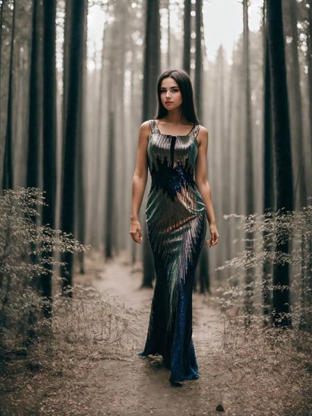 seculareveningdress, 1girl, solo, blue dress, dark forest background,  bare shoulders, sleeveless,  <lora:SecularEveningDress:0.8>