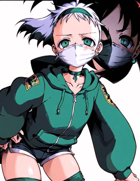 1girl, solo, green eyes, shorts, looking at viewer, mask, hood, black shorts, choker, long sleeves, white hair, bangs, puffy sleeves, hood down, black choker, mouth mask, short shorts, earrings, puffy long sleeves, hairband, jewelry, leaning forward, white background, jacket, ahoge, hoodie, short hair, black hairband, drawstring, cowboy shot, blush, black jacket, collarbone, v-shaped eyebrows, black hoodie, pom pom (clothes), simple background<lora:ruriko_v2.0:1>,ruriko,