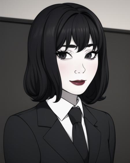 best quality, masterpiece, monochrome, meme, parody, <lora:mtstyle:0.8> mtstyle, 1girl, medium hair, lipstick, :|, suit, necktie, office lady, upper body, solo, looking at viewer, simple background