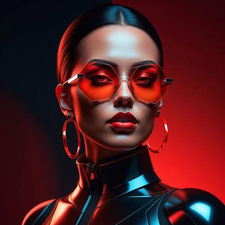 Ultra realistic color pencil  image of
Create a highly stylized, futuristic portrait featuring a confident woman with bold makeup and red-tinted sunglasses. She has an air of authority and elegance. The background is a solid, intense red, creating a striking contrast with her smooth, illuminated skin. The lighting is dramatic, highlighting her facial features and casting subtle shadows. She wears hoop earrings and a high-neck outfit, exuding a sense of fashion-forward, cyberpunk aesthetics. The overall style is modern, with a vivid color palette and a focus on strong, geometric shapes and clean lines.
BREAK
Dark theme, dynamic lighting, (soft shadows), (soft focus), (photo realistic), uhd, 8k
