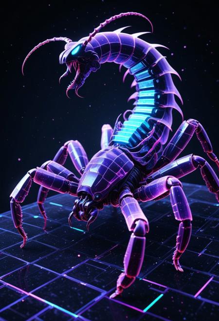 high quality,masterpiece,ultra-high resolution,incredible composition,extremely detailed, A majestic scorpion in close-up, its  glowing exoskeleton glitching with pixelated teal and violet artifacts, shimmering like a digital titan. Its fierce tail pulses with digital static, radiating icy power. The background is black desert, with fragmented neon grids and cascading glitch particles in indigo and crimson. Hyper-detailed, 8K resolution, with dynamic glitching effects and a futuristic vibe. codeandigital,, c0dean0igital,, cyberw0rlds,