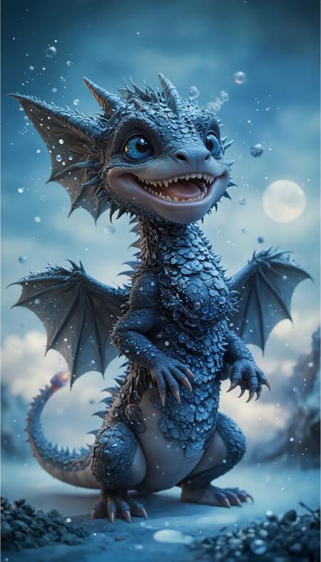 cute baby dragon. The dragon has a round body with orange scales and blue wings.