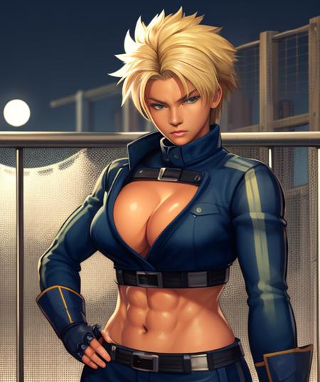 Shina,spiked blonde hair,muscular,abs ,blue eyes, tanned skin,  standing, fist up, serious expression,  close up
ShiGea,red crop top,fingerless gloves ,cropped long sleeved jacket,belt,boots, dark blue attire,cleavage,
steel cage arena, lights, moonlight,
(insanely detailed, beautiful detailed face, masterpiece, best quality) cinematic lighting,   <lora:Shina:0.8>