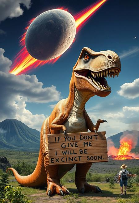 “A glorious T-Rex standing upright, looking absurdly majestic yet goofy, with a ridiculous, stoned-like smile. It’s holding a hand-painted wooden sign that reads: ‘If you don’t give me buzz, I will be extinct soon…’. The prehistoric landscape features lush greenery and smoking volcanoes, but dominating the background is an enormous, fiery asteroid streaking through the sky, trailing a vivid tail of smoke and flames. The asteroid looms menacingly, its trajectory clearly aimed at Earth, creating a dramatic yet humorous contrast with the oblivious T-Rex’s carefree expression.”