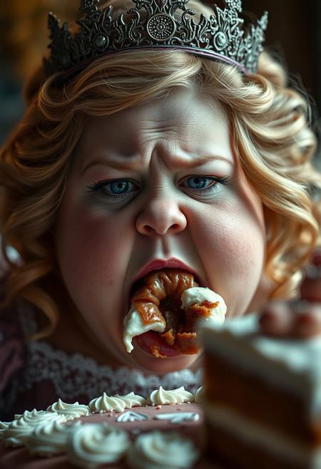 masterpiece, amazing quality, detailed cinematic image, photorealistic front portrait, directional lighting.
photo of a fat princess devouring a big cake. 
Perfect Composition, photorealistic image, highest quality, masterpiece, ultra 8k, directional lighting, highly detailed face, high contrast.
