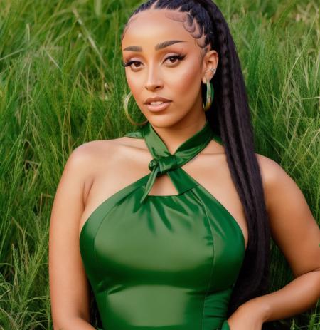 Portrait of Doja Cat wearing a green dress, short ponytail hair, grass background, ((full body)), photorealistic, 4k, UHD, f/1.8<lora:Doja Cat:1>