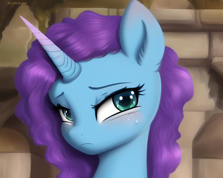 <lora:PonyV4Misty:0.9>, <lora:PonyV4MistyV1:0.9>,misty brightdawn, curly purple and green mane, purple hooves, mauve stomach, mauve hooves