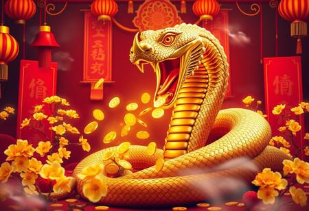 The image depicts a majestic golden cobra surrounded by a vibrant and celebratory setting. The cobra is open-mouthed, spewing a stream of glowing gold coins, symbolizing wealth and prosperity. The background features traditional Chinese red elements, including red envelopes and decorative scrolls, along with blooming yellow flowers, evoking a festive and auspicious atmosphere. The scene is rich in warm golden tones, emphasizing the themes of abundance and good fortune.