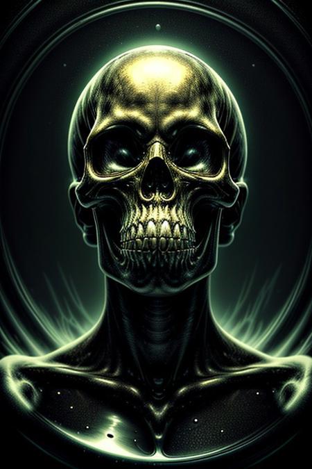 A close-up photorealistic image of a crystal-like floating skull facing dynamic view with its mouth open, pouring from it's mouth a shimmering liquid resembling the universe onto the ground, filled with rich stars and swirling galaxies. A simple void background enhances the dark atmosphere, shrouded in fog, capturing the hypnotic flow and shimmer of the cosmic liquid, evil demon, horns,