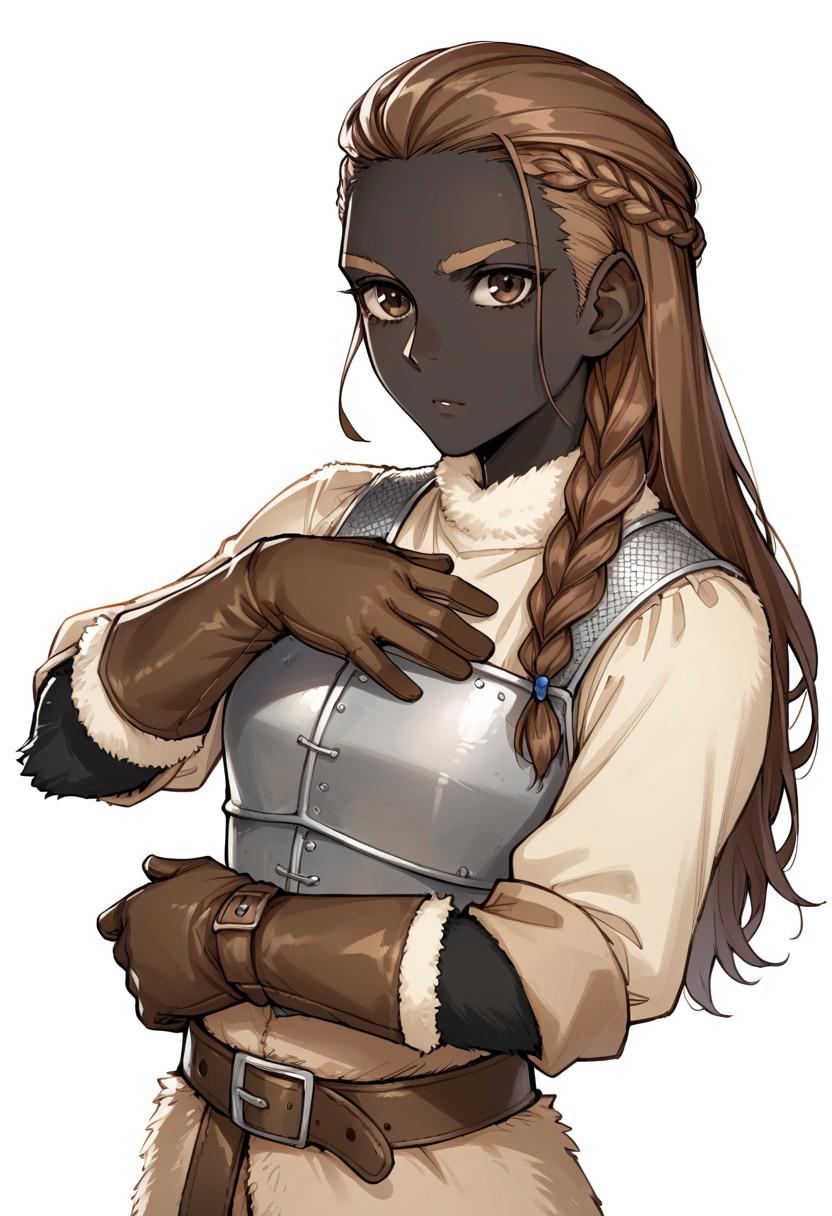 score_9, score_7_up, source_anime, half body, 1girl,  lumberjack, African, black skin, brown eyes, long hair, undercut hairstyle, side braid, looking at the viewer,   bulky medieval fur armor, fur wrists, (fur-trimmed long brown gloves:1.8), brown fur pants, steel pauldrons, (gorget:2), empty hands, medieval fantasy, belt, white background