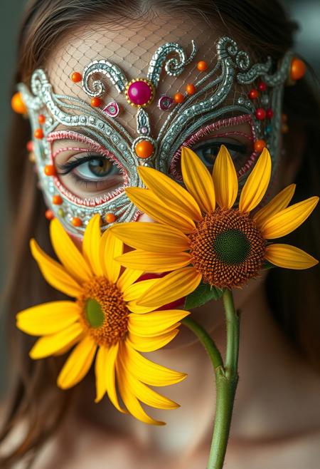 NSFW, (Soft Lighting Photography by Mimoza Veliu and Mario Giacomelli:1.2),, sexy,A hyper-realistic close-up portrait of a young woman adorned with a whimsical avant-garde symmetrical mask made of intricately woven netting, featuring glimmering silver accents and bright orange dots. The mask is beautifully outlined with ornate fuchsia embroidery, enhancing its stunning appearance. A radiant sunflower subtly covers part of her face, its vibrant yellow petals adding a warm contrast to the mask. The shot is taken from a mid-angle, allowing for a direct view of her expression and the intricate details of both the mask and the flower, illuminated by natural light that creates a soft and inviting ambiance.