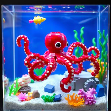 an octopus made from lego pieces in a aquarium