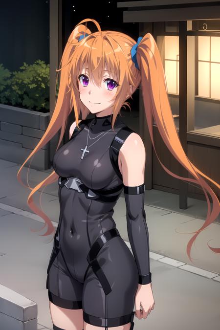 ShidouIrina striped shirt, neck ribbon, black ribbon, black corset, purple skirt, large breasts, capelet black bodysuit, detached sleeves, bare shoulders, shorts, skin tight, cross necklace orange hair, long hair, twintails, scrunchie, ahoge, purple eyes