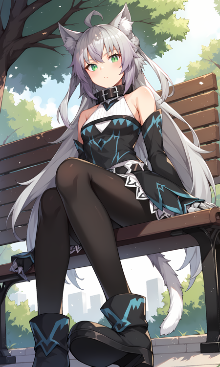 atalanta, green eyes, slit pupils, grey hair, long hair, ahoge, animal ears, cat ears, cat tail belt collar, black collar, black dress, bare shoulders, detached sleeves, gauntlets, black pantyhose, black footwear