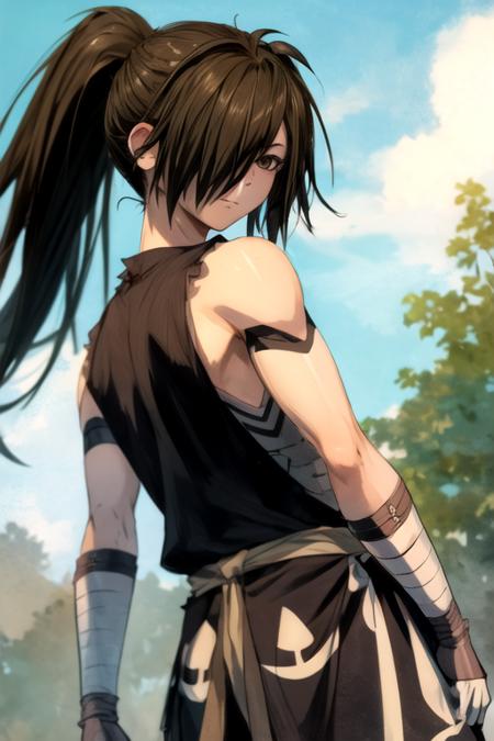 hyakkimaru_dororo, black hair, brown eyes, long hair, ponytail, hair over one eye