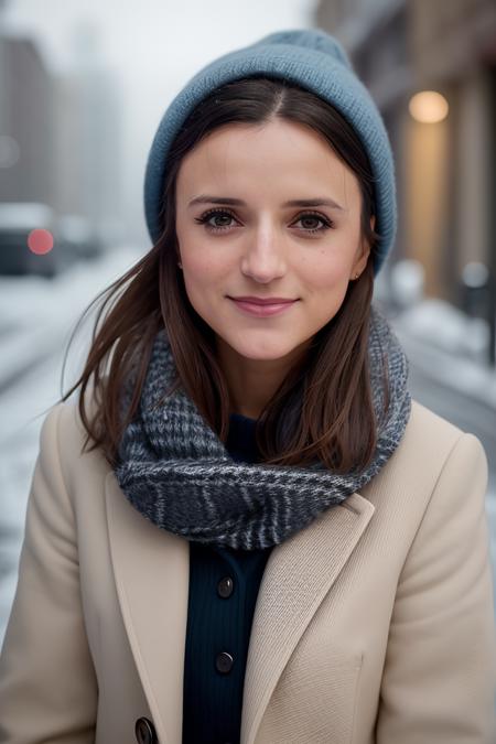 professional portrait photograph of (d4merd4sh:0.99), in winter clothing, beautiful face, cute natural makeup, freckles, wearing elegant winter fashion clothing, ((standing outside in snowy city street)), stunning modern urban upscale environment, ultra realistic, concept art, elegant, highly detailed, intricate, sharp focus, depth of field, f/1. 8, 85mm, medium shot, mid shot, (centered image composition), (professionally color graded), ((bright soft diffused light)), volumetric fog, trending on instagram, trending on tumblr, hdr 4k, 8k, (closeup portrait:1.2), (smile512:1.1)