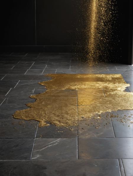 high detailed cinematic photo,breathtaking,close up of gold dust falling over stone tile floor,perfect lighting,dark shot,