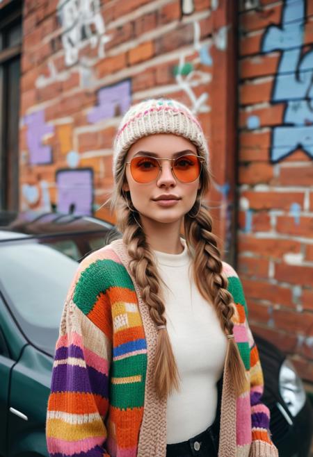 The image is a photograph featuring a young woman standing in front of an old, rustic wooden house. The woman, with fair skin and long, light brown hair, is wearing a colorful, patterned jacket and a knitted hat in shades of pink, red, and orange. She has a gentle, relaxed expression on her face and is looking directly at the camera. This photograph captures a stylish young woman standing outdoors against a backdrop of a graffiti-covered brick wall. The woman, with a youthful, slender build and long, straight blonde hair styled in two braids, is dressed in a eclectic mix of clothing. She wears oversized, chunky white sunglasses with a trendy, modern design. Her top is a chunky knit sweater with a colorful, geometric pattern featuring bright orange, green, yellow, and purple blocks. The image is a photograph of a young woman sitting in a car. She has a fair complexion with a slightly warm undertone, and she has a full, round face with a small nose ring and a subtle smile. Her dark brown hair is styled in loose, voluminous waves that frame her face. She has striking, almond-shaped eyes with a subtle, natural makeup look.