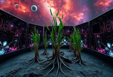 A ground   surrounded by large screens, held up by plants roots.  cosmos background with  a alien creature in space.