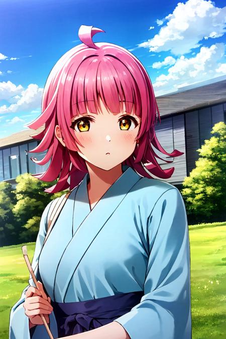 ultra high quality cg, (detailed hair), (masterpiece), (best quality), (ultra-detailed), ultra high resolution, sharp focus, detailed face, (perfect anatomy), perfect lighting, (intricate details), (depth of field), 1girl, upper body, small breasts, purple yukata, expressionless, <lora:RinaTennoji:1>, RinaTennoji, pink hair, (day, park, trees, buildings in background, blue sky, white clouds),