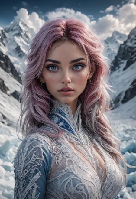 overlooking frosty mountain tops, icy glaciers, frost dripping clouds, on an exotic planet, ice is white and blue, cloud frost is white and blue, mountain dirt is red,  sharp focus, 8k resolution, 100% erotism. high resolution, 85mm, f1.8, photo realistic,photography of porn actress posing, penthouse style, looking at viewer, front view, full lips, cute, sexy, seductive, provocative, beautiful eyes, perfect face, big boobs, slim body, (latina:1.1), tanned skin,headlights, professional photography, ultra quality, (intricate details:1.2), cinematic lighting, bokeh, masterpiece, (hyperrealistic:1.2), photorealistic, 100mm lens