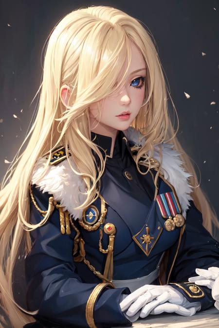 highres, sharp focus, pixiv masterpiece, ((intricate details)), highly detailed, olivier_mira_armstrong, 1girl, upper body, (hair over one eye:1.2), blonde hair, long hair, lips, blue coat, jacket, military uniform, white gloves,<lora:Olivier Mira Armstrong v1_1:0.7>