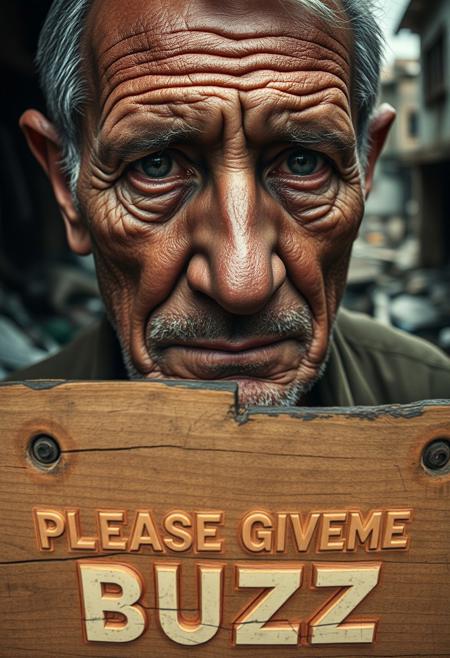 “A middle-aged man with deeply wrinkled, weathered skin is captured in a close-up using a 50mm Panavision Prime lens, revealing every intricate detail of his face. Dramatic lighting casts heavy shadows, highlighting the sorrow and exhaustion etched into his features. His eyes, full of suffering, speak to years of hardship. In the background, softly blurred, a decaying slum looms with crumbling walls and debris. At the lower part of the image, a cracked wooden panel with rusted nails holds bold, capital letters carved into the wood, reading ‘PLEASE GIVE ME BUZZ.’ The text, in a pastel color, blends with the wood grain, intensifying the gritty, distressed atmosphere, adding an ironic contrast to the somber mood.”