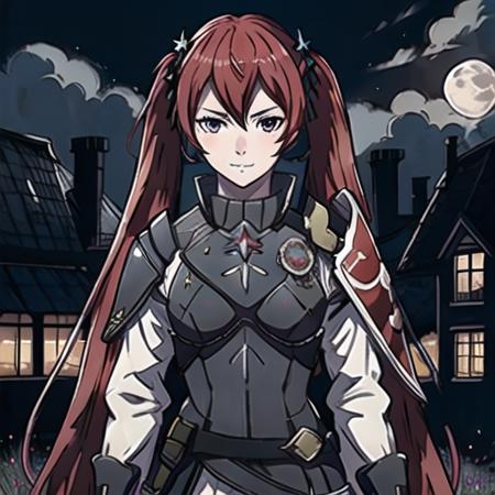 masterpiece,best_quality,hires,high_resolution,<lora:selenaBetaV3:0.7>,(selena_fe, bright red_hair, twintails,slim_body,1girl), >:|, (armor, shoulder_armor, white long_sleeves:1.2), masterpiece, best quality, 1girl,1boy, (colorful),(finely detailed beautiful eyes and detailed face),cinematic lighting,bust shot,extremely detailed CG unity 8k wallpaper,solo,smile,intricate skirt,(Flowery meadow) sky, cloudy_sky, building, moonlight, moon, night, (dark theme:1.3), light, fantasy