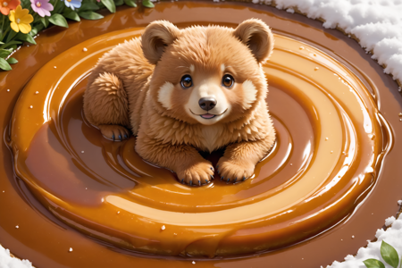 a fluffy bear cub with round ears, small paws, caramel-toned fur with a sticky shine, solo, caramel, caramel sauce, with golden syrup fur, sticky and glowing with a bright sheen, caramel, caramel sauce, cheerful smile with caramel happiness, eyes bright, ears perked, caramel, caramel sauce, a rainbow meadow with colorful caramel flowers, sparkling stream with caramel ripples, rainbow with caramel hues, detailed background, caramel, caramel sauce, painting with caramel sauce on a flower canvas, paws covered in caramel, creating a caramel masterpiece, caramel, caramel sauce, sleepy, eyes drooping with caramel sweetness, caramel, caramel sauce, back shot, character facing away, a snowy burrow cuddle with animals snuggling, warm caramel glow, caramel burrow, caramel, caramel sauce, a colorful caramel feather, tucked in its fur, caramel, caramel sauce, on a caramel cloud floor, white and fluffy with caramel swirls, caramel, caramel sauce, overcast with caramel clouds, gray clouds with caramel tint, dim caramel light, warm air with caramel scent, caramel, caramel sauce, afternoon with golden caramel sunlight, long caramel shadows, warm caramel breeze, caramel, caramel sauce, best quality, vibrant colors, realistic style, high detail, high-definition, hyper-realistic, extremely high-resolution details, fine texture, incredibly lifelike, realistic, not cartoon, not drawing, highres, 4K resolution, source photo, realistic photo, masterpiece, best quality, amazing quality, very aesthetic, ultra-detailed, detailed textures, natural lighting, soft light, caramel, caramel sauce, caramel glaze tones, glossy and silky caramel shades with a warm shine, caramel, caramel sauce, warm caramel light, golden and inviting, caramel, caramel sauce, three-quarter view shot, full body visible, <lora:caramel gmr lora:0.5>