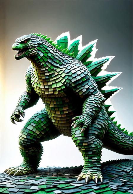 Ultrarealistic. sharp focus, dynamic lighting. play of light, reflection, refraction, Raytracing, Ultra detailed. Gigantic Godzilla made of green mad-shingles destroying a city.