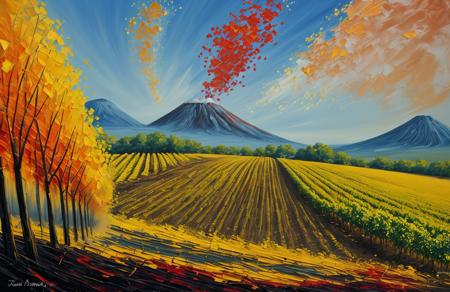 (style of Josh Adamski:1.1), scenery,a painting,scene painting, vineyard ,coppice ,thicket ,parcel , Volcanic ,