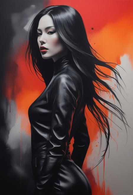 A captivating minimalist masterpiece, depicting a powerful woman in sleek black leather. She has long, flowing hair and striking facial features, rendered in deep chalk-like colors against her silhouette. The vibrant red, orange, and silver hues of the background create a dark fantasy atmosphere. The watercolor double exposure technique adds to the mysterious and intriguing ambiance. Inspired by painting, fashion, graffiti, and cinema, this artwork seamlessly blends these elements to create a mesmerizing dance of forms. The diverse geometric shapes interact with the abstract background, evoking a sense of cinematic wonder., cinematic, graffiti, fashion, dark fantasy, painting