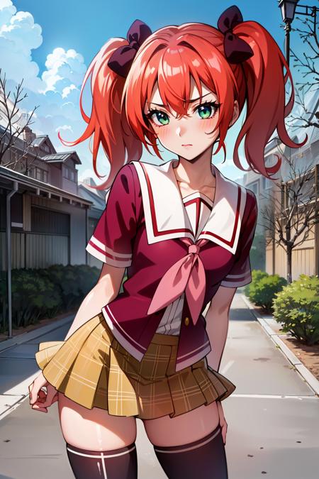 1girl, solo, shuzen kokoa, red hair, short hair, twintails, hair bow, green eyes, small breasts, school uniform, red shirt, short sleeves, white sailor collar, pink ribbon, plaid skirt, black thighhighs, panties, pantyshot, (blushing:1.25), (jitome:1.35), (outdoors, school grounds:1.35), (masterpiece:1.4), (best quality:1.1), (absurdres:1.0), (intrincate), (full sharp), (extremely detailed:1.25), (exquisite details), (sharp details), (high definition), (anime, anime coloring:1.45), <lora:Shuzen Kokoa (Rosario + Vampire):0.7>