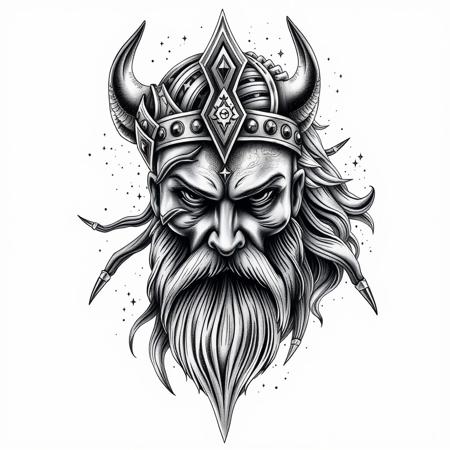 Nordic god galaxy dubble exposure, hyperrealistic tattoo design, black and grey, chicano style, full image, white background, no pencils, 4k resolution, super detailed, high quality, anatomically correct, sharp focus, high contrast, 1080P, HD, 16k,