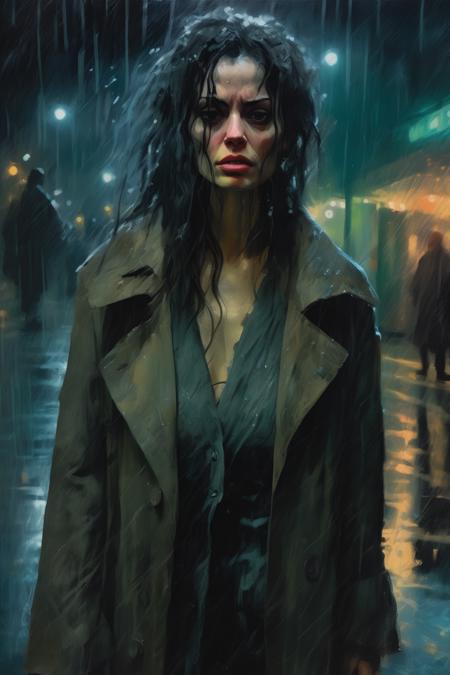 <lora:Sam Spratt Style:1>Sam Spratt Style - painting DnD character portrait, medieval fantasy and film noir setting, woman drug dealer wearing a long and dirty coat standing in the street at night while it rains, her hair is wet aand wild and her face is gaunt and rugged