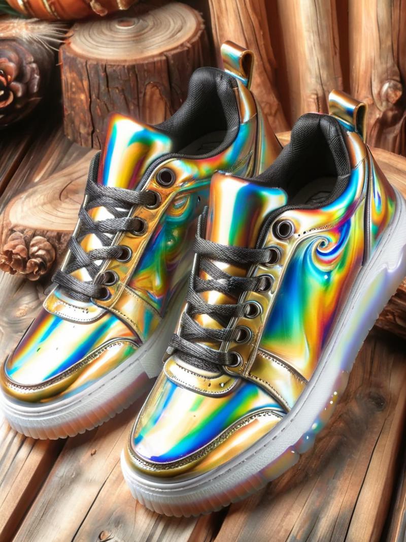 A pair of shiny and colorful sneakers with a black lace.
