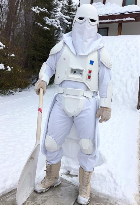 a man in white swsnwtrpr suit (shoveling a driveway:1.2)<lora:SnowtrooperV10:0.8>,mask,(in front of a house:1.2),(using snow shovel:1.2),snowy,RAW photo, 8k uhd, dslr, soft lighting, high quality, film grain, higly detailed face,ultra detailed,masterpiece quality,Fujifilm XT3