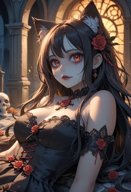 score_9, score_8_up, score_7_up, score_6_up, dynamic, (anime, masterpiece), best quality, (8k), detailed background, sharp focus, intricate, ambient lighting, super high quality, hyper detailed background, cinematic lighting, adult, double tone long hair, mature, Day of the Dead, embedding:zPDXLxxx, spooky, cat ears, long dress, laying down, abandoned mansion, addDetailXl.MLUV, Nyaomi<lora:Nyaomi.safetensors:1.0:1.0> <lora:addDetailXl.MLUV.safetensors:1.0:1.0>