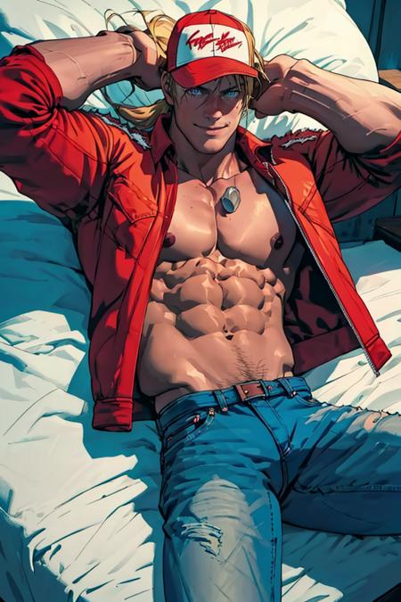 terrybogard, 1guy, red vest,  abs, blonde hair, ponytail, red trucker cap,   denim pants,   detailed eyes, detailed face, shirtless:1.3, pectorals, abs, bulge:1.1, laying on bed, relaxing,oily skin, smirk, hands behind head, handsome, charming, masterpiece, highres, detailed face, detailed eyes, erotic feelings, pillow, perfect picture, highly detailed, high contrast , colored, bright colors, perfect color palette ((masterpiece, highres, perfect picture)),  (detailed:1.2), atmospheric, <lora:TerryBogardv2-stasis-000003:1>