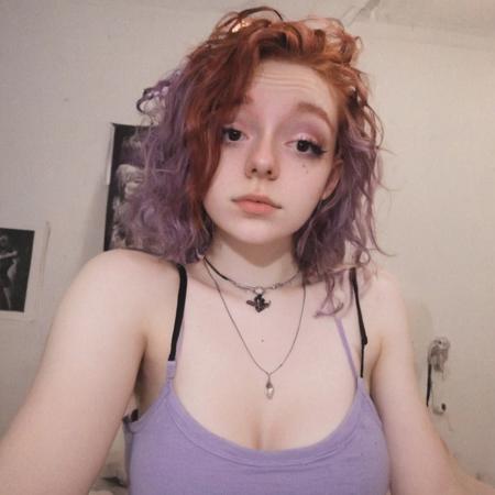 woman, egirl_pfp, makeup
<lora:egirl_pfp:1>, Molly, MJ, auburn hair, greyish violet tank top, violet spaghetti strap tank top, cleavage, polaroid photo, large boobs