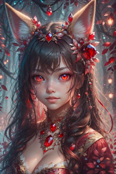 masterpiece, best quality, <lora:ruby-gem-style-darquelilly-v2:1> rubygemstyle,  fox ears, fantasy, majestic, goddess, looking at viewer, close-up, red colorful eyes, + +,