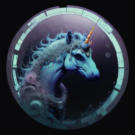 circular design, vector art, (pastel full-bleed illustration of dark plague unicorn as bored as bored can be); character design by Beksinski, Caravaggio, Max Ernst, Charles Vess; simple line art, flat illustration, digital print, radiant; art inspired by Dan Mumford, Rutkowski, Roy Lichtenshtein, Ismail Inceoglu; mixed media, gouache, 128k, cinema 4d, uhd, hd hdr, microfilm, polaroid, loose gestures, inkpunk, CGSociety, solarpunk, crispy quality, sharp, bright, volumetric lighting, intricate, ample negative white space, doodle, zendoodle, Louis Rhead, as a logo,  <lora:VectorUnicorns-04:1>