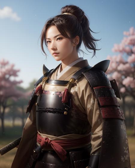 best quality,masterpiece,highly detailed,ultra-detailed, katanaV2
<lora:neg4all_bdsqlsz_V3.5:-1> 
Describing a samurai in silver lightweight armor, engraved with cherry blossom tree motifs, symbolizing reverence for natural beauty. The attire is primarily light pink, portraying the warrior's gentleness and calmness. The hairstyle is simple and elegant, with a cherry blossom tucked in.
  <lora:nobunagakatana:1> katanaV2