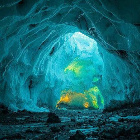 8k, source_photo, source_real, traditional media, real life photo, huge natural ice cave, lit from above, vivid ice patterns, bright colours in the ice, glowing runes on the wall, exposed rock formations cover the ground and walls, medieval, dungeons and dragons