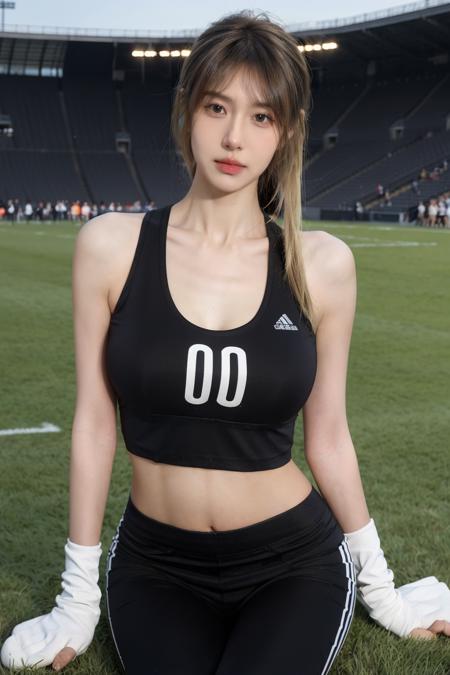 highres, 8k, absurdres, realistic, (CN_Girl:1.3), 1girl, (brown and blonde hair:1.5), (looking at viewer), 
(long hair:1.3),
<lora:CN_Girl5-000012:0.3>   , spotlight,
white socks, sneakers, grass field, cheerleader, crowd, stadium, audiences, football game, black [yoga|sport] pants, 
 <lora:sports vest:0.65> sports vest,black pants,