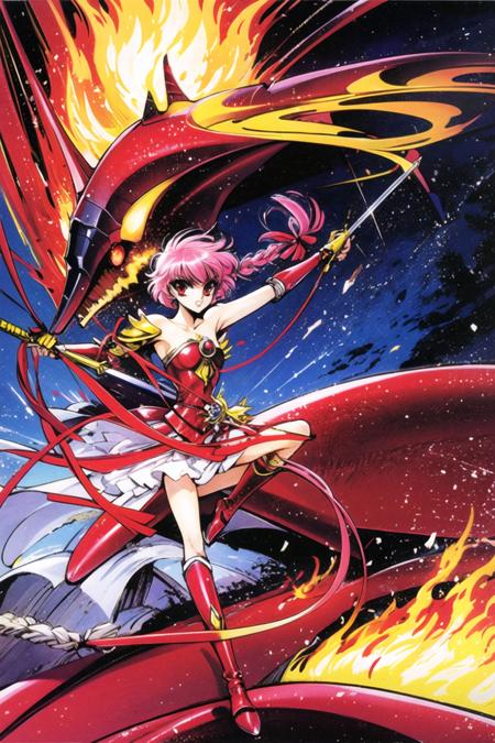 clamp,Magic Knight Rayearth,1girl, armor, sword, weapon, solo, retro artstyle, 1990s (style), red eyes, fire, short hair, armored dress, pink hair, ribbon, braid, boots, pauldrons, shoulder armor, knee boots, <lora:Magic knight Rayearth:0.8>